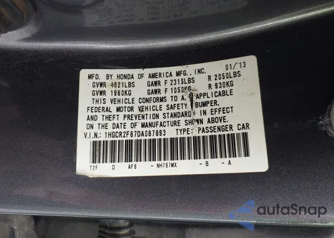 2013 Honda Accord Ex-L from USA, damaged, VIN 1HGCR2F87DA087893